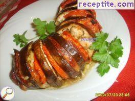 Fans of eggplant with smoked meat