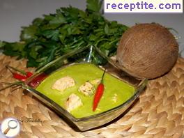 Green coconut soup with salmon