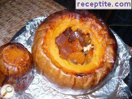 Roasted pumpkin stuffed with Turkish delight, nuts and fruits