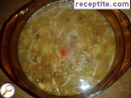 Lentil soup with potatoes and noodles