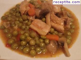 Juicy pork with mushrooms and peas